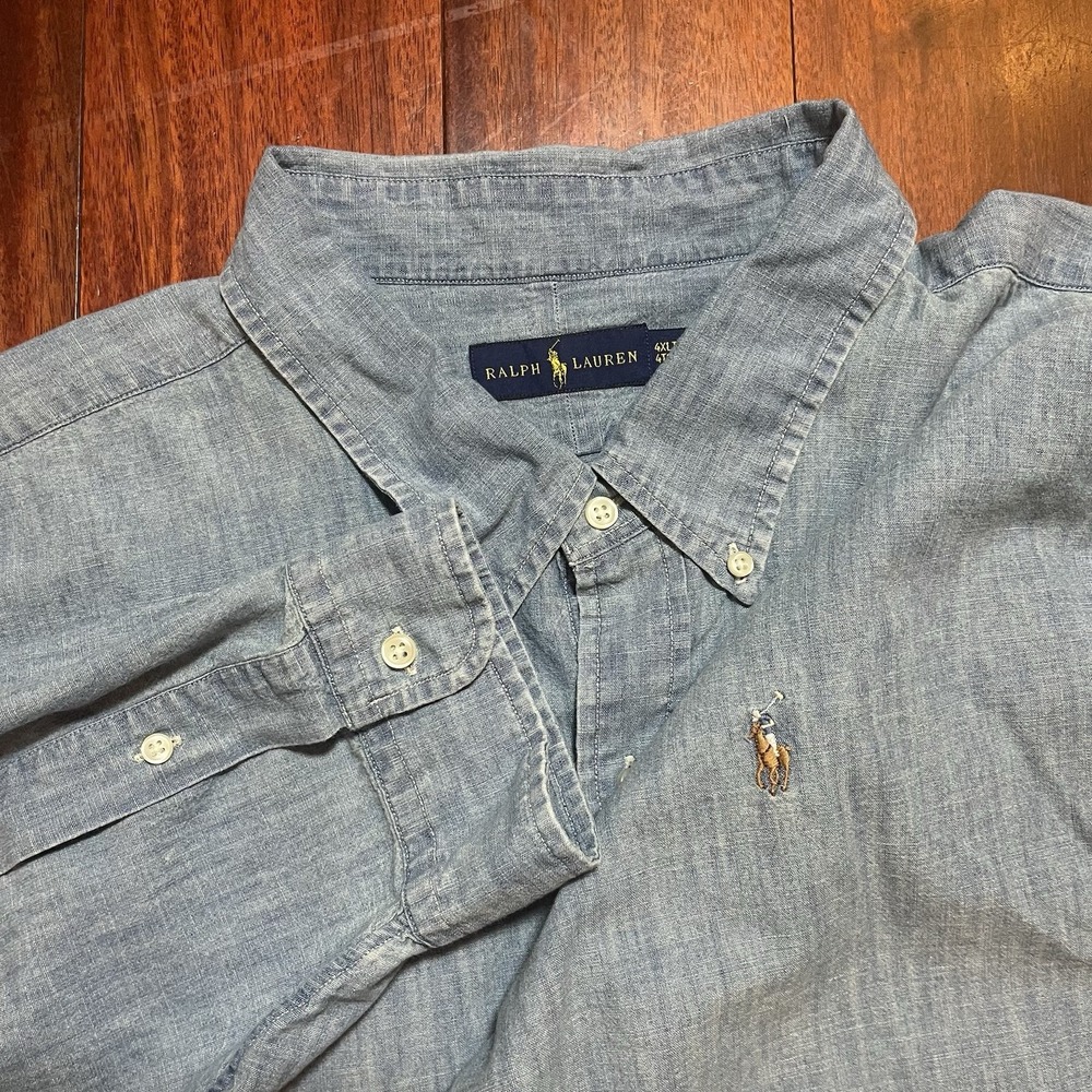 Ralph Lauren Shirt Mens 4XLT Blue Chambray Button Down Flesh Pony Preppy Casual